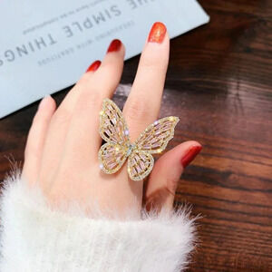 NEW Huge Gold & Pink Diamond Butterfly Ring